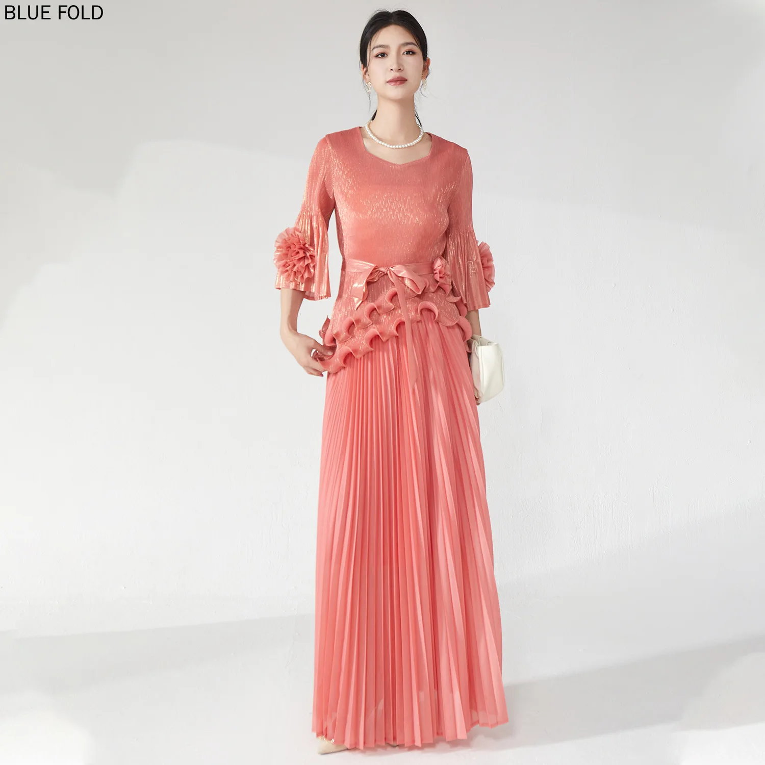 

MIYAKE Pleated Dress Women's Long Design Sense Flared Sleeve Lace-up Draped Pleats Dress Temperament Elegant Dress Summer
