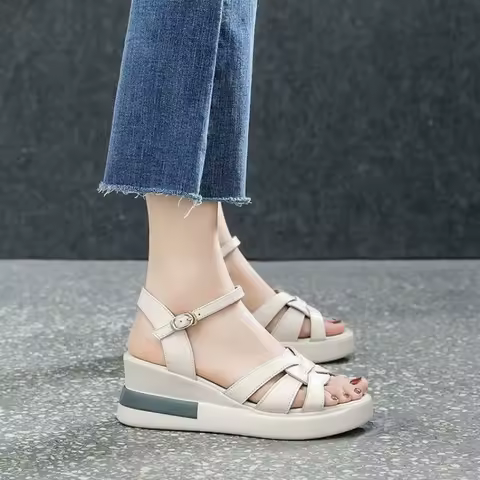 2024 Summer NewWomen's Sandals Casual Retro Hollow Button Sandals Women's Open-toe Sandals Fashion Comfortable Slope Heel Sandal