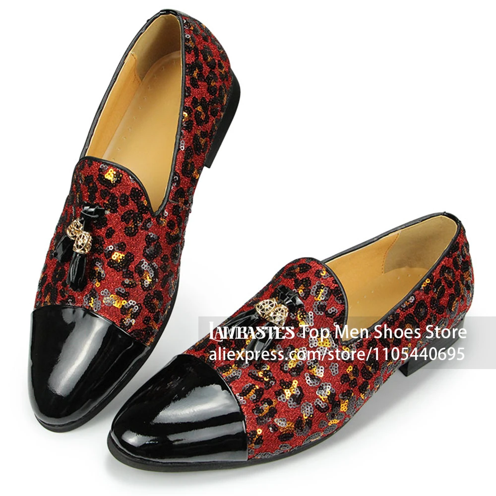 Red Leopard Sequin Loafers Glitter Sequin Party Slip on Shoes Tassel Vamp with Gold Decor Dress Shoes Glam Wedding Shoes for Men
