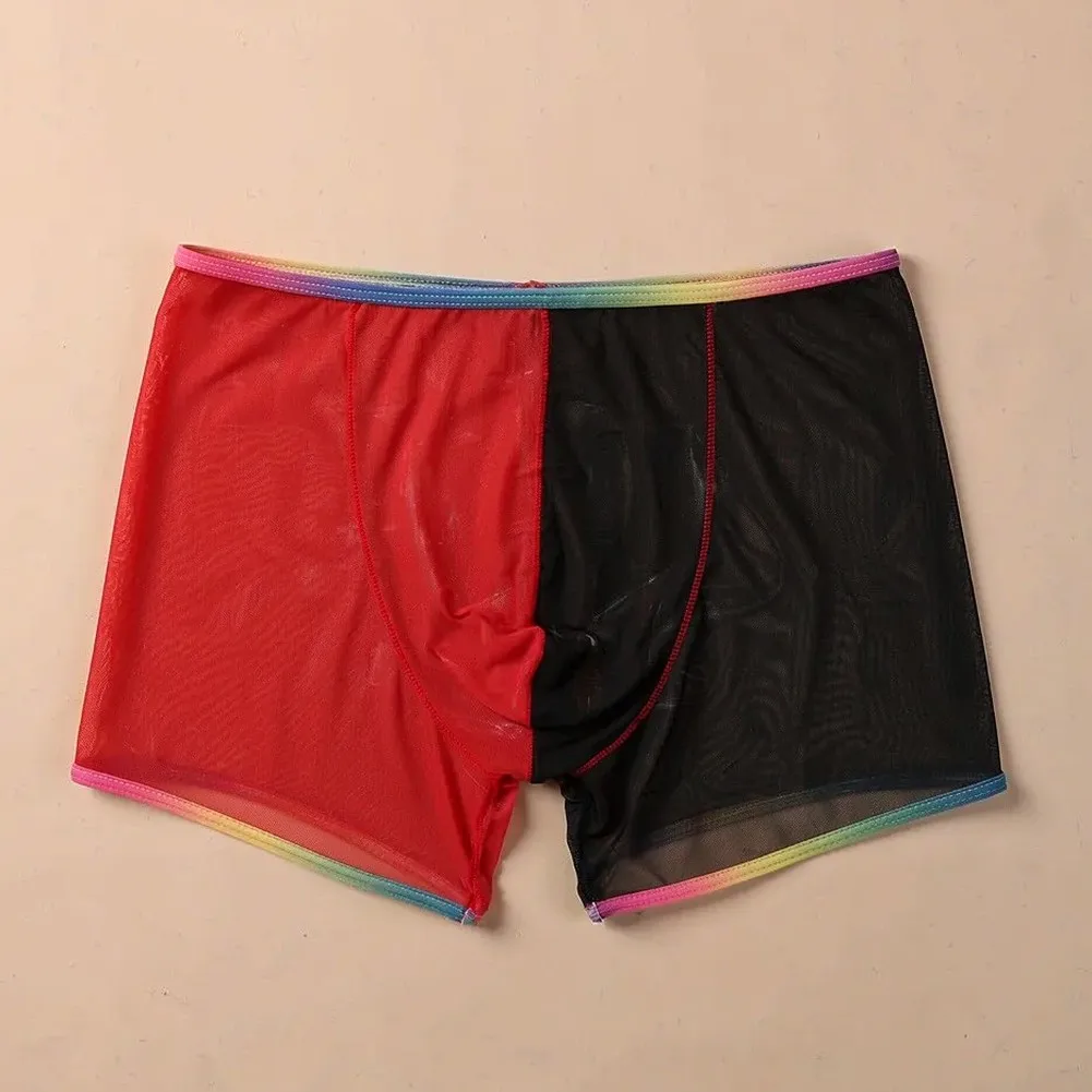 Men Mesh See Through Boxer Shorts Contrast Color Bulge Pouch Trunks Breathable Underwear For Sports Sleep Male Panties