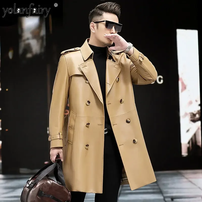 

High End Genuine Leather Jacket Men Fashion Sheepskin Trenchcoat Slim Single Leather Coat Men's Long Coat Trend Autumn Winter FC