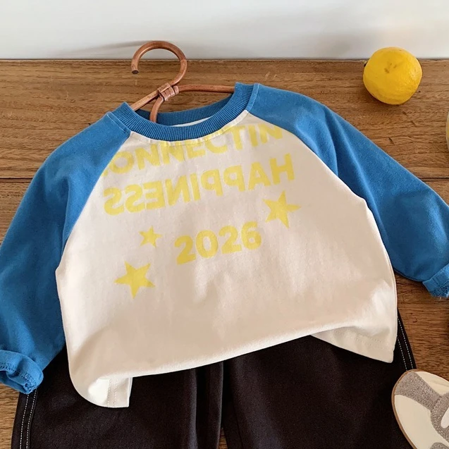 Boys T-shirt  Spring And Autumn New Childrens Clothes Korean Style Boys And Girls Shoulder Sleeve Pure Cotton Letter T-shirt
