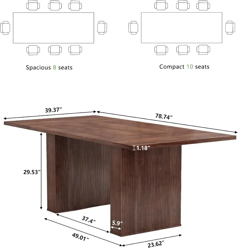 78 Inch Rectangular Dining Table for 6 to 10, Farmhouse Fluted Dining Kitchen Table, Modern Wood Long Dining Table for Kitchen