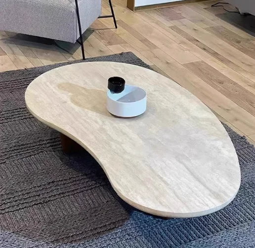 With Solid Wood Leg New Design Travertine Natural Stone for High-Class DécorLuxury Living Room Italian Irregular Coffee Table