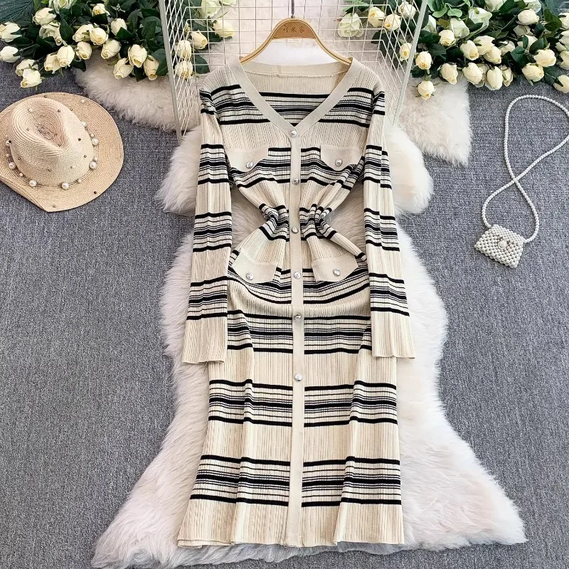 

Matakawa Knitted Women Dresses Stripes Autumn Winter Single Breasted V Neck Vestidos Mujer Korean Fashion Elegant Long Dress