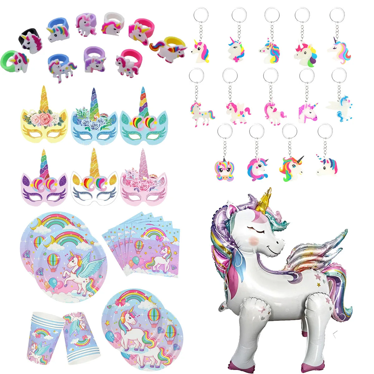 Unicorn Party Decor Supplies Standing Unicorn Balloon Disposable Tableware Paper Plates,Unicorn Mask,Keychain,Rings