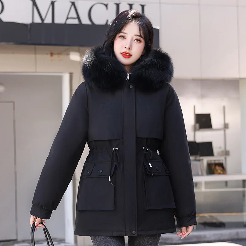 Addensare parka donna cappotto invernale fodera in cotone giacca imbottita capispalla con cappuccio coulisse femminile parka caldo cappotto con collo di pelliccia grande