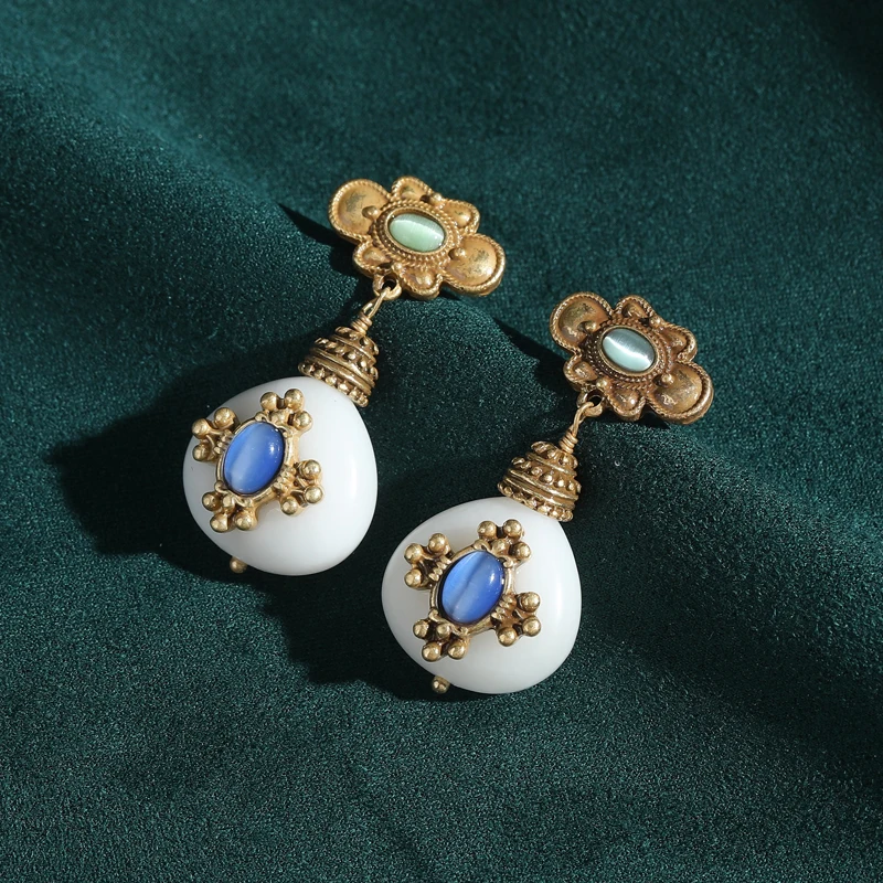 Retro Blauer Stein Antiker Schmuck Goldfarbe Bienen Transparentes Glas Wassertropfen Baumeln Ohrring Vintage für Damen Accessoires 2025