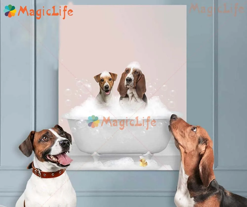 Custom 2 Pets Photo Bathing Animals Dog Poster Wall Art Canvas Painting Wall Pictures For Living Room Decor Posters Unframed
