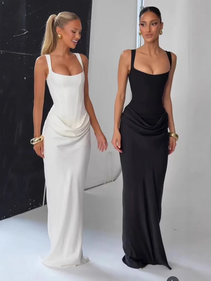 Vestido largo sexy de espalda descubierta con fruncido para mujer, escote en U, sin mangas, ajustado tipo bandage, negro, elegante para fiesta nocturna 2