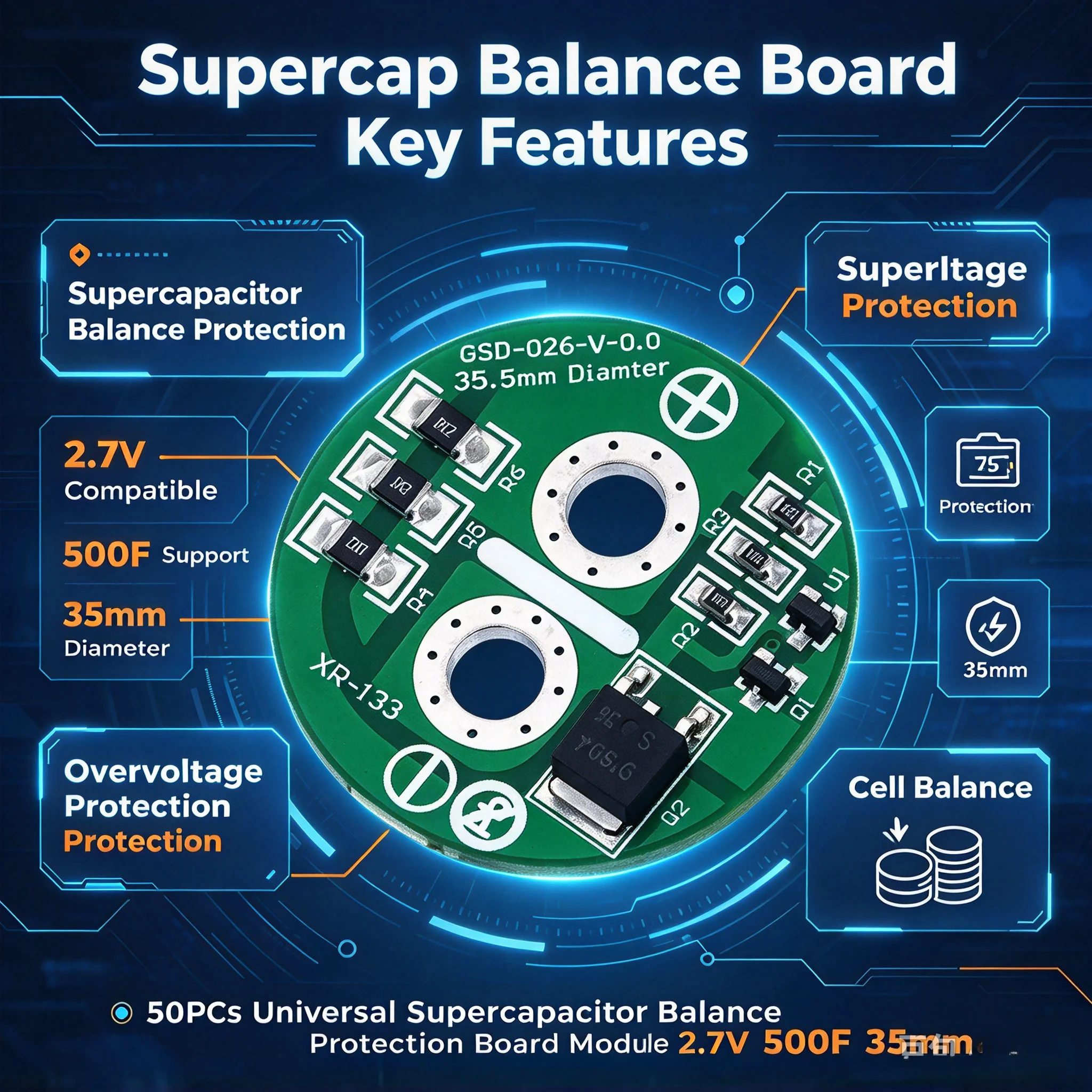 50Pcs Universal Supercapacitor Balance Protection Board Module 2.7V 500F 3.5cm Electrical Components