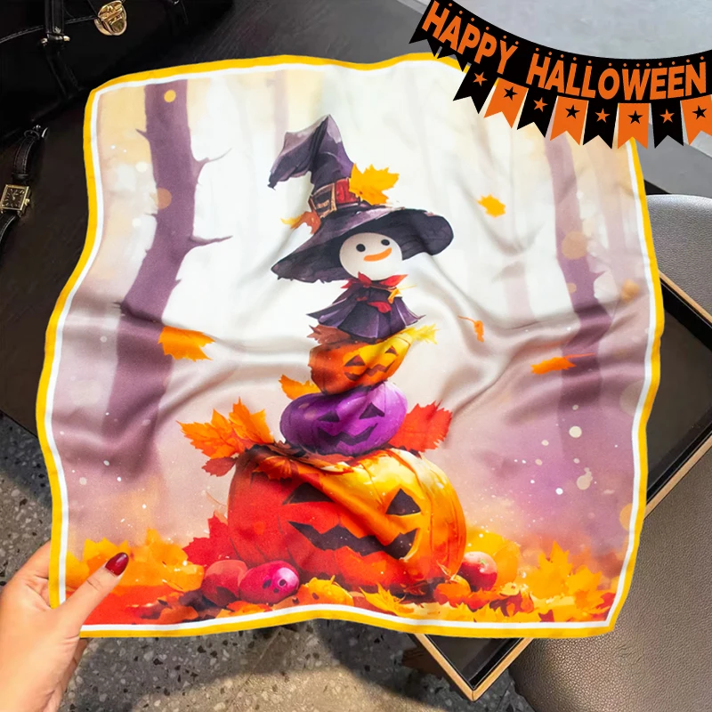 Luxury 100% Mulberry Silk Scarf Halloween Maple Leaf Pumpkin Pattern Square Kerchief, Women Fashion Head Scarf Neck Bandana,
