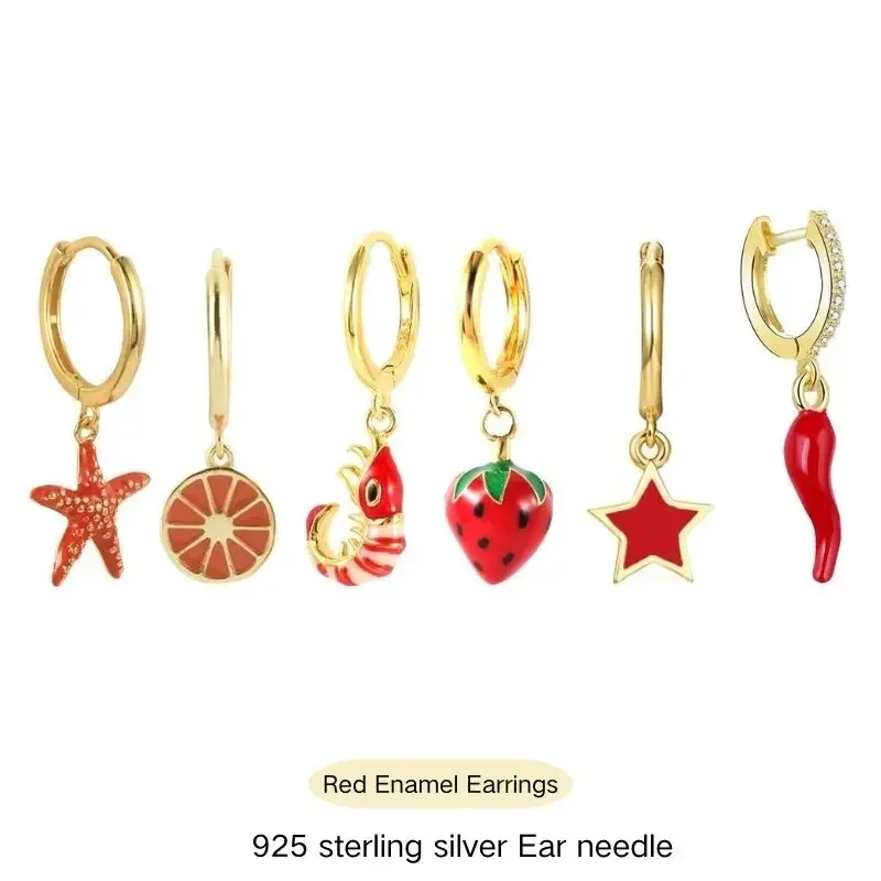 925 Sterling Silver Needle Cute Red Enamel Drip Glue Pendant Hoop Earrings For Women Strawberry/Chili/Star Gold Earrings Jewelry