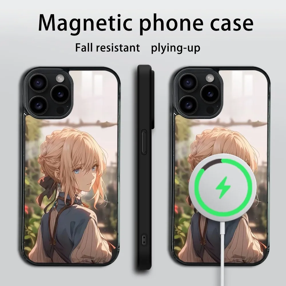 Anime Violet Evergarden Phone Case For iPhone 16 15 14 13 12 11 Pro Max Plus Mini Magsafe Mirror Wireless Magnetic Cover