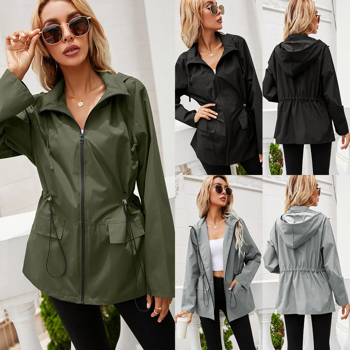 

Hooded Zipper Waist Waterproof Raincoat Outdoor Sports Windproof Coat Mountaineering Coat Jacket Top Female