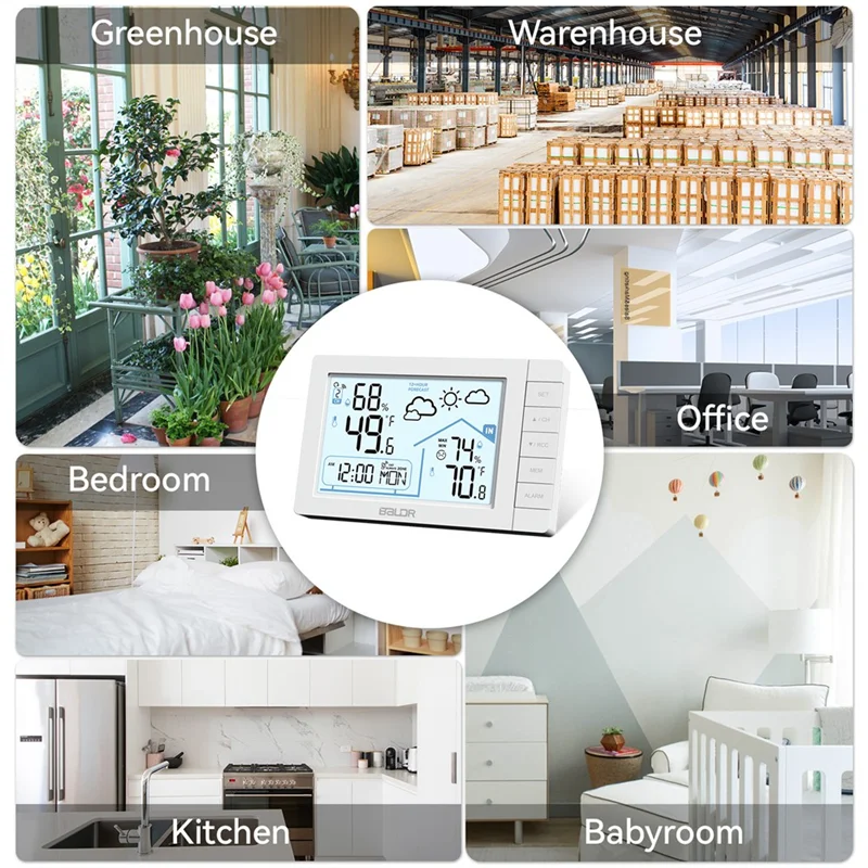 محطة الطقس اللاسلكية FULL-Baldr مع مستشعر لاسلكي DCF ساعة يتم التحكم فيها عن طريق الراديو مقياس حرارة داخلي/خارجي مقياس الرطوبة