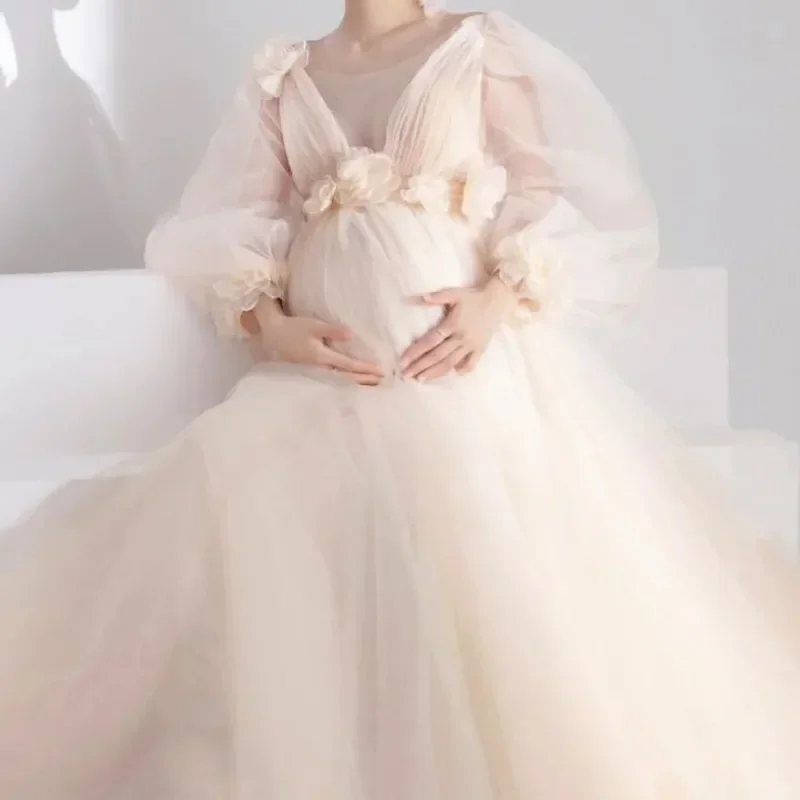 Maternity Photography Dress Long Sleeve Baby Shower  Pregnancy Fancy  Flower Lace Robe Maxi Gown Maternity