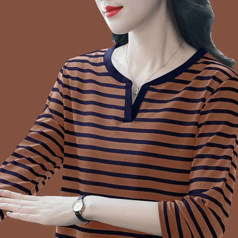 Women Striped Long Sleeve Cotton T Shirt Notch Neck Loose Plus Size Casual Autumn Basic Top