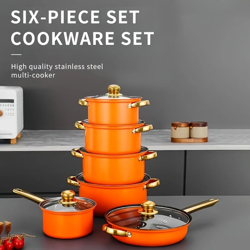 

12pcs Stainless Steel Cookware Set - Induction Cooker Cooking, Large Pot, Cheese Pot, Dual Handle with Lid, Suitable for Soup, H