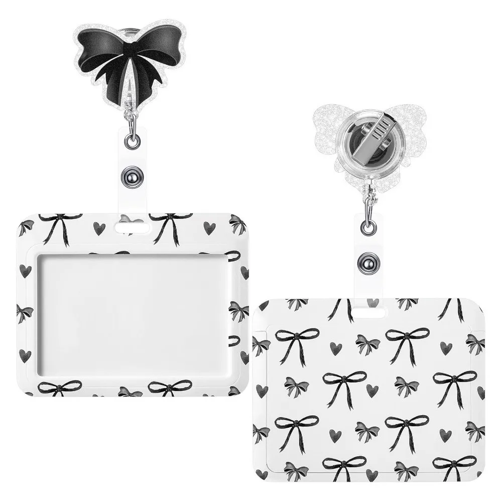 New Bow Print ID Badge Holder 360° Rotating Retractable Name Tag Holder ABS Horizontal Card Holder School Office Supplies