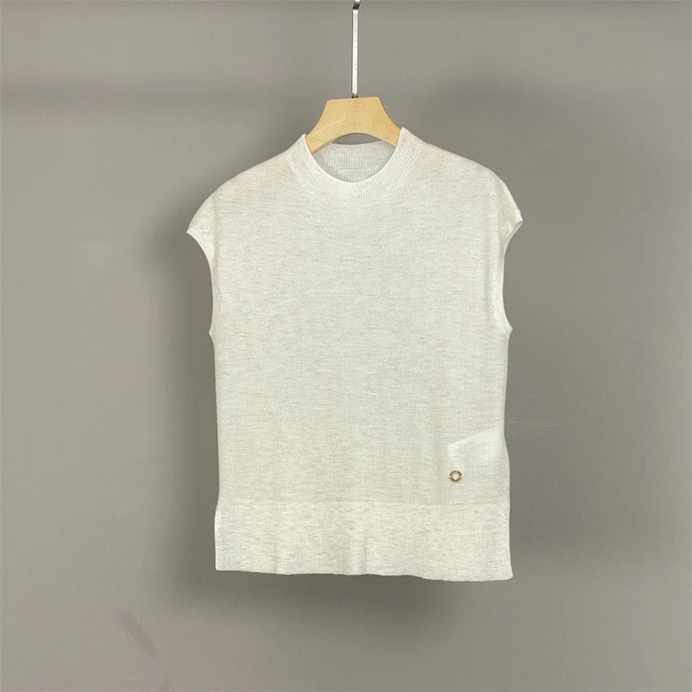 Chaleco de punto versátil de moda de lana de manga corta con cuello redondo para mujer de verano