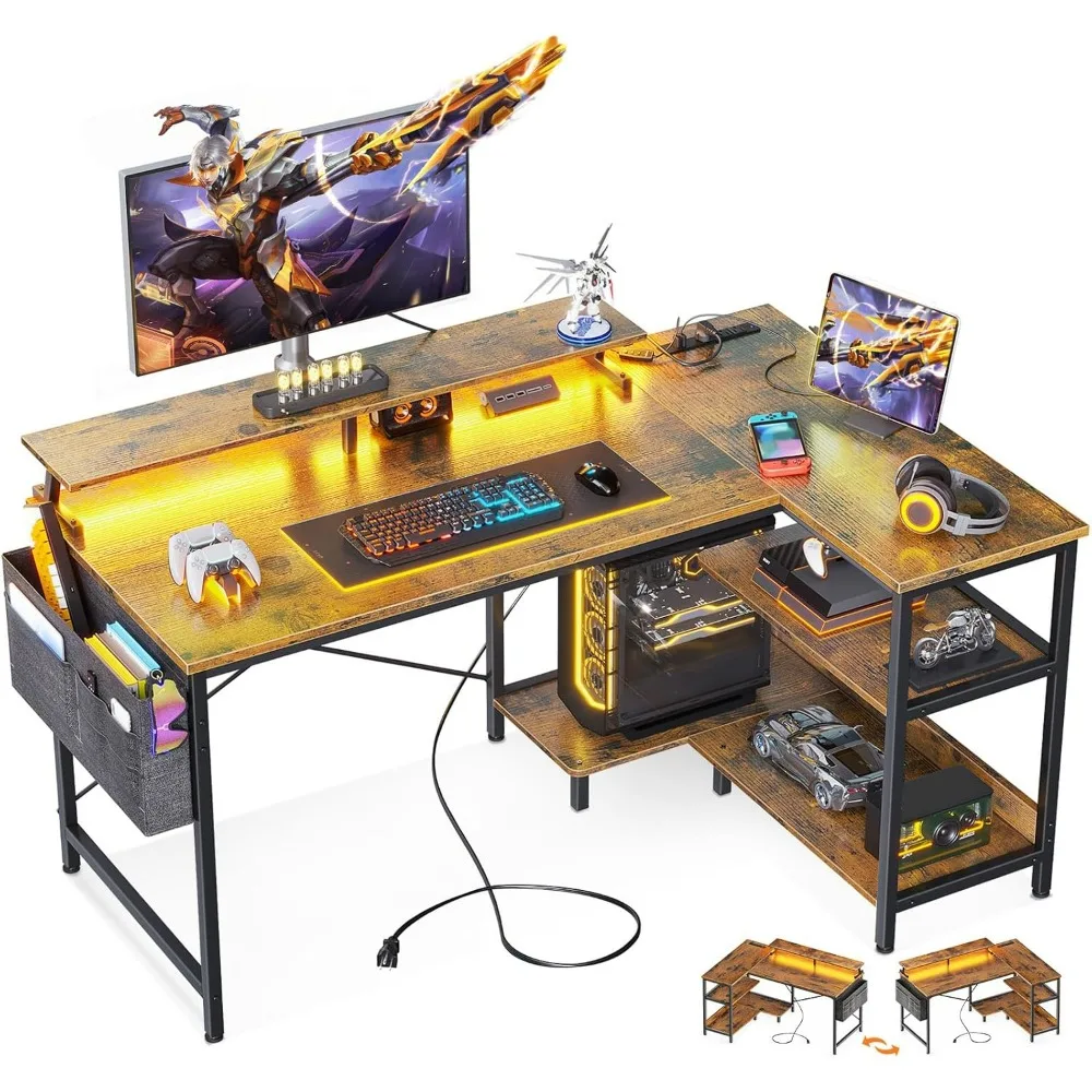 

Gaming Desk with USB Charging Ports and LED Lights, Reversible L Shaped Computer Desk, Corner Home Table with Power Outlets