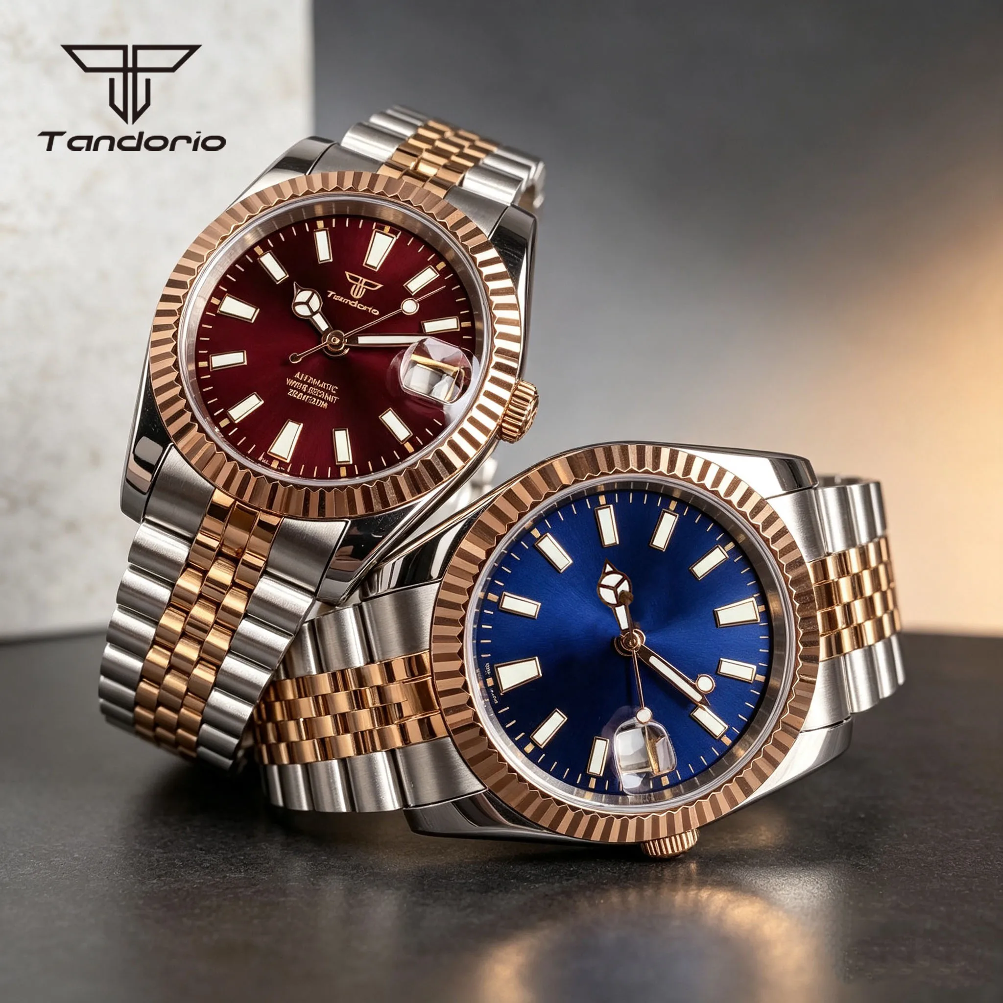Tandorio Two-Tone RoseGold 36mm/39mm Japan NH35 Automatic Mechanical Watch for Men Sunburst Face Date Sapphire Glass Glide Clasp