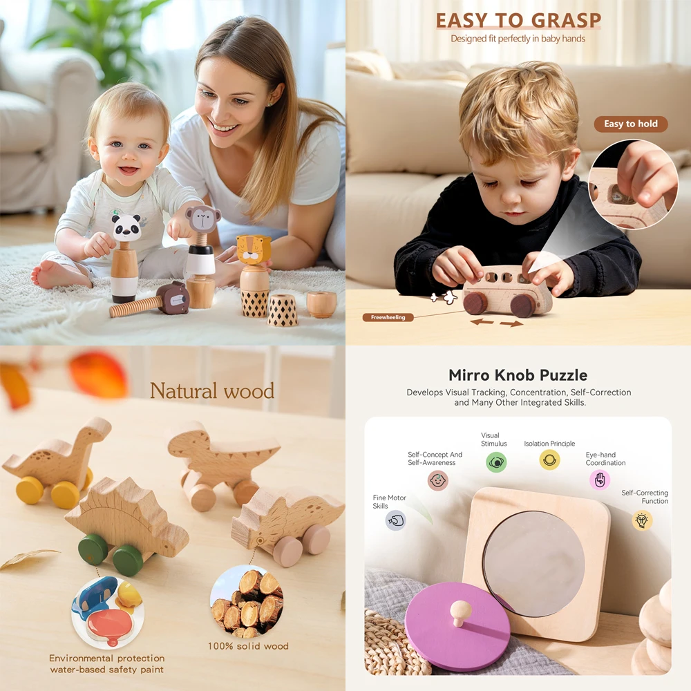 Jouets éducatifs Montessori en bois pour bébé, dinosaures de dessin animé, voitures, bus, jouets pour enfants, jouets de dentition, cadeaux d'anniversaire pour bébé