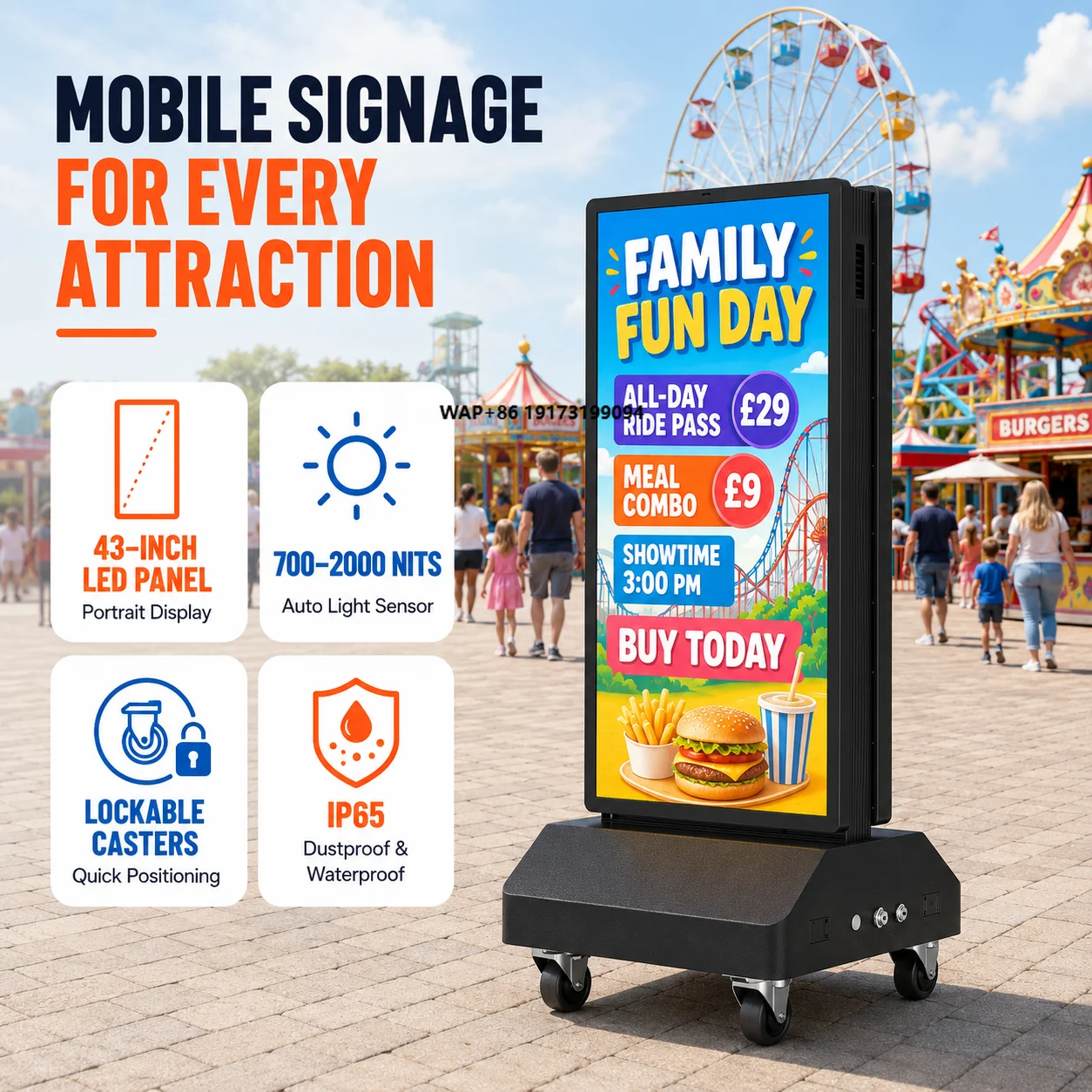 Battery Powered Double Sided Outdoor Mobile Digital Signage 2000nits Sunlight Readable IPS Display