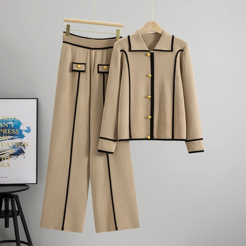 

Женский свитшот, брюки, костюм, однобортный пуловер с тонкими лацканами, топы, широкие брюки, женский комплект 2025, осенний комплект из 2 предметов