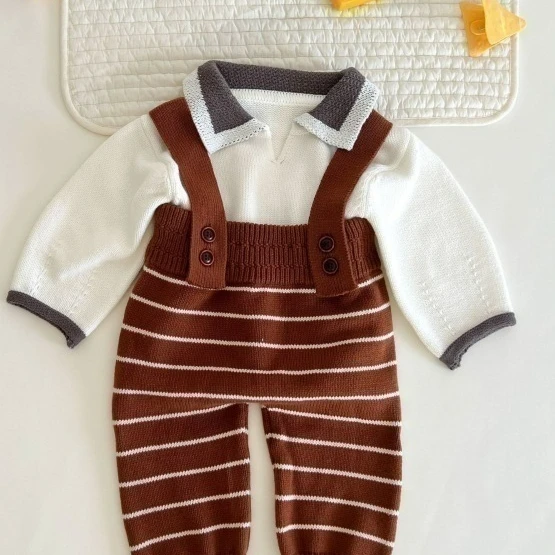 

2024 Autumn Men's Treasure Infant Creeper Baby Knitted Stripe Backband Pants Casual Jumpsuit Fashion Baby Girl Baby Clothes