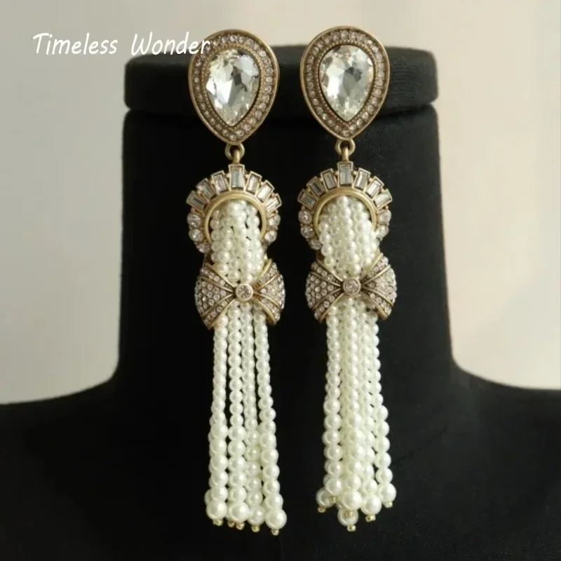 Timeless Wonder Fancy Zircon Bowknot Beaded Tassel Clip on Earrings for Women Designer Jewelry Runway Goth Rare Gift Cute 5155