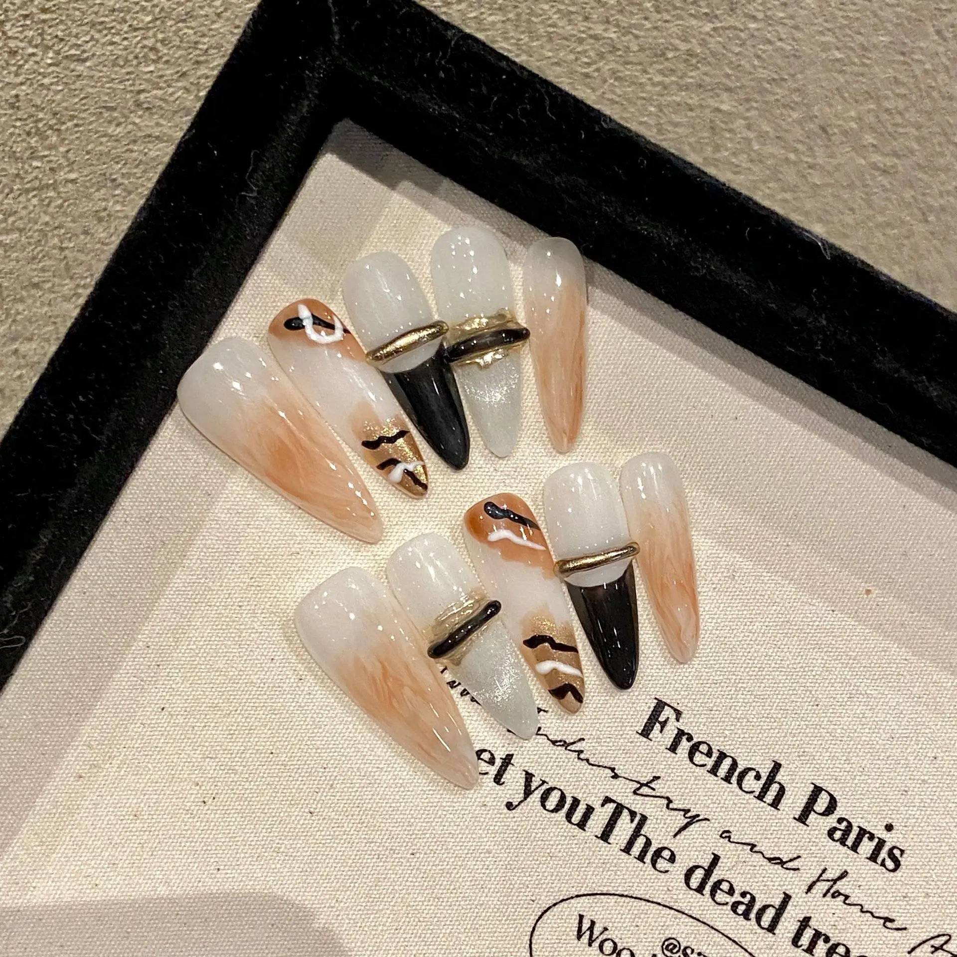 

Длинные французские коричневые накладные ногти ручной работы, Многоразовые Накладные ногти с градиентом, накладные ногти с полным покрытием, носимый маникюр