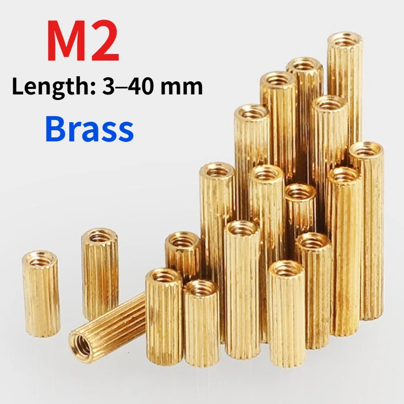 5-50pcs Knurled Brass Standoff, Round Double-Pass Copper Spacer, Through-Thread PCB Support Column M2  Length: 3–40 mm