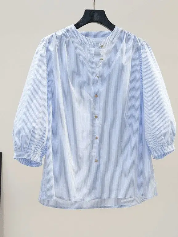 

Летняя модная светло-голубая полосатая свободная повседневная женская рубашка с рукавом 3/4 в корейском стиле из полиэфирного волокна