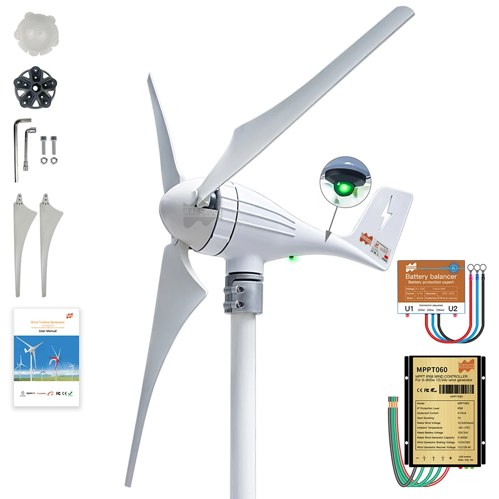 600W Horizontal Wind Turbine Generator AC 12V 24V With MPPT Controller and Battery Equalizer Household High Effcient Generator