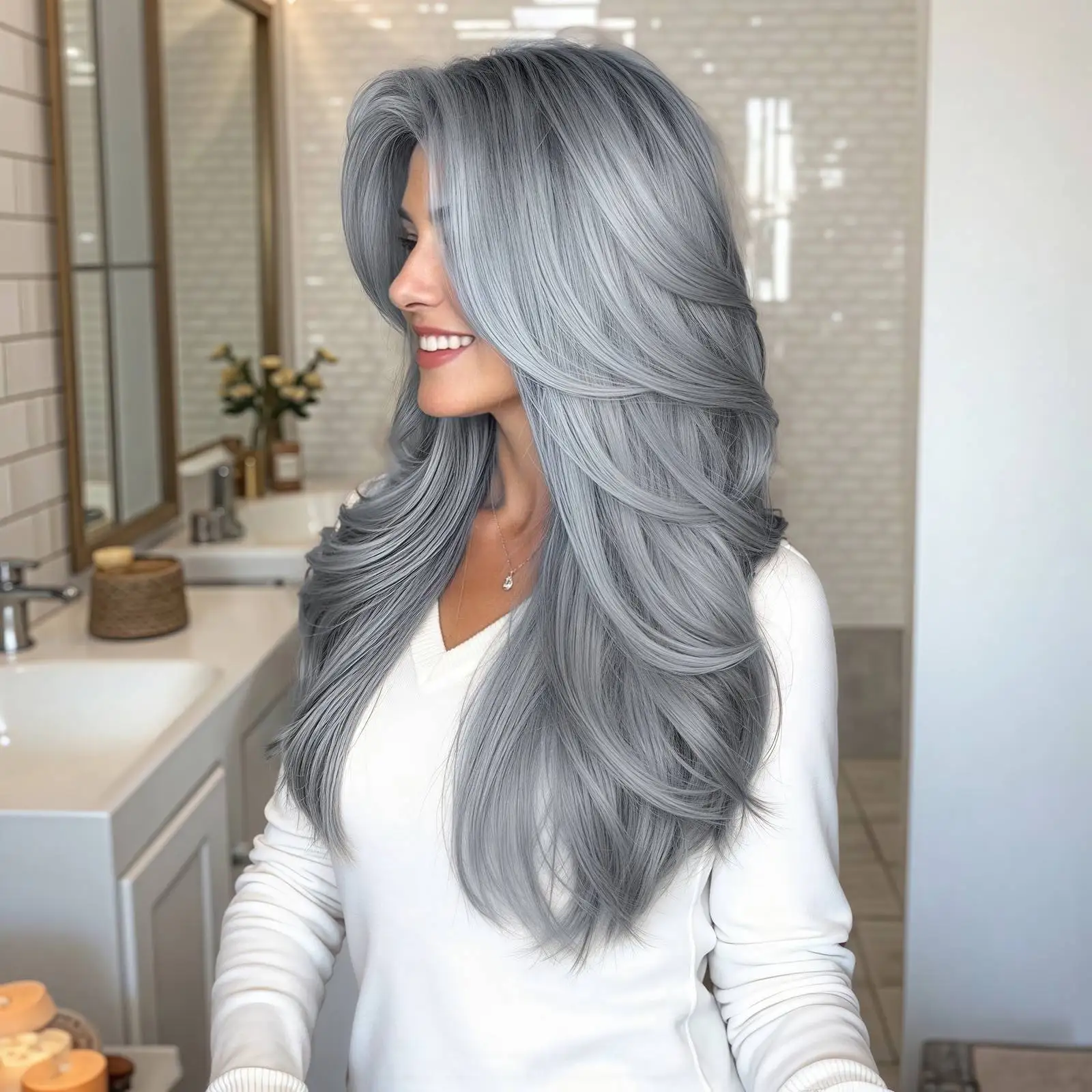 24 inches Long Natural Wave Wig with Curtain Bangs Silver Grey Layered Synthetic Wig for Woman Heat Resistant Fiber Curly Salt and Pepper Wig Suitable for Cosplay Halloween and Christmas Fashion Style Top Quality Wig