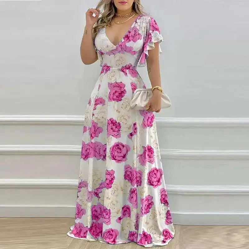 

2025 Spring New Women's Style Sexy V-neck Waist Printed Large Swing Dress Corset 2025 Summer Dress Robe Vestido Women Elegant