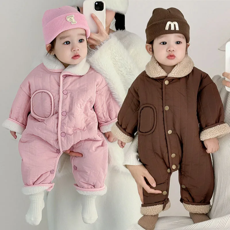 Baby Winter Fleece Onesies Kids Thickened Warm Crawler Suits Boys Girls Plush Velvet Jackets New Children Outdoor Jumpsuits