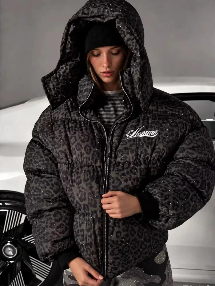Subculture Women's Leopard Print Coat Oversized Thick Warm Cotton Parkas Hooded Warm Streetwear Y2K Loose Casual Jacket Winter