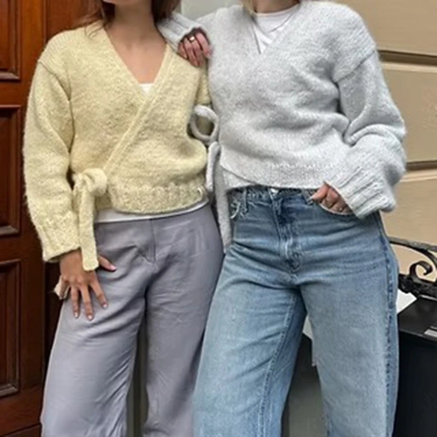 

Elegant Womens Knitted Wrap Cardigan Stylish Solid Ribbed V Neck Long Sleeve Sweater Jacket for Fall and Winter