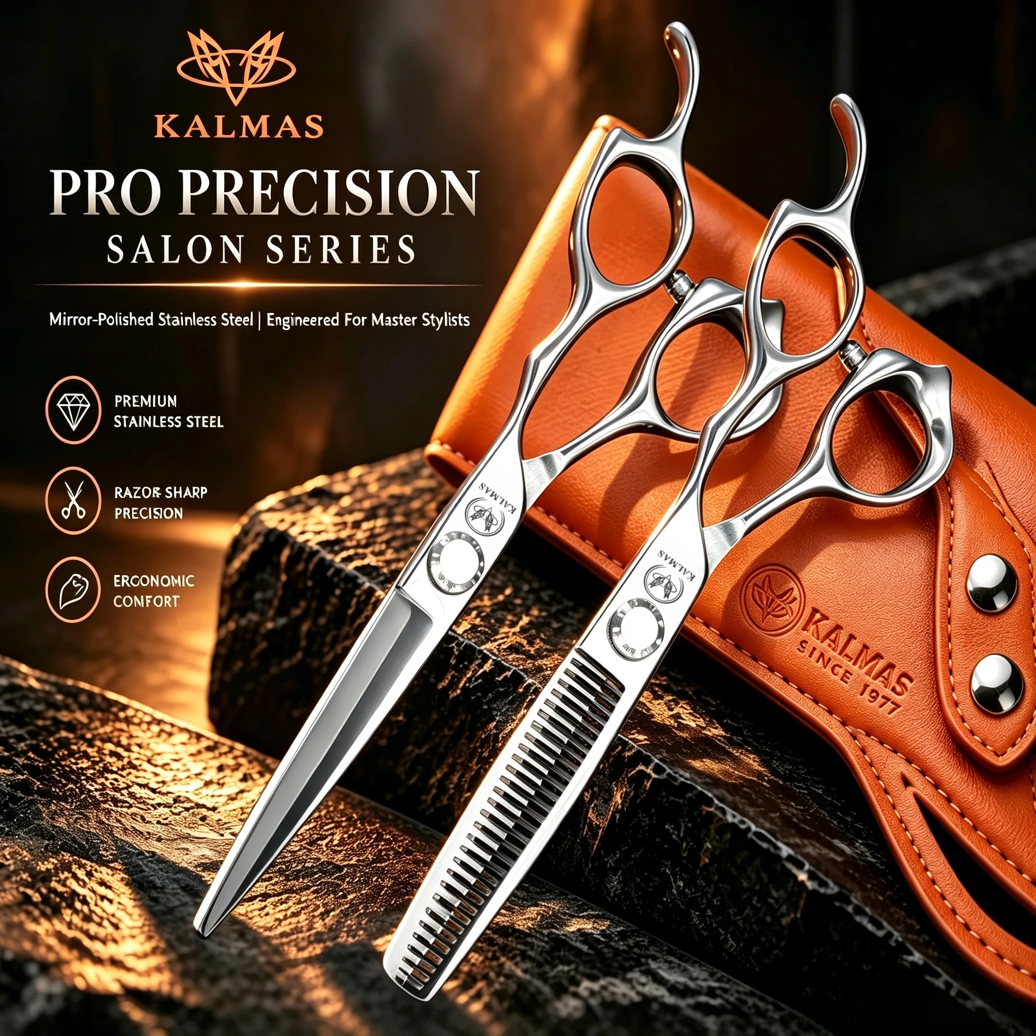 KALMAS Professional Barber Scissors Set 6.0 Inch Serrated High-End Hair Cutting Machine Japan 440C Steel for Barbershops