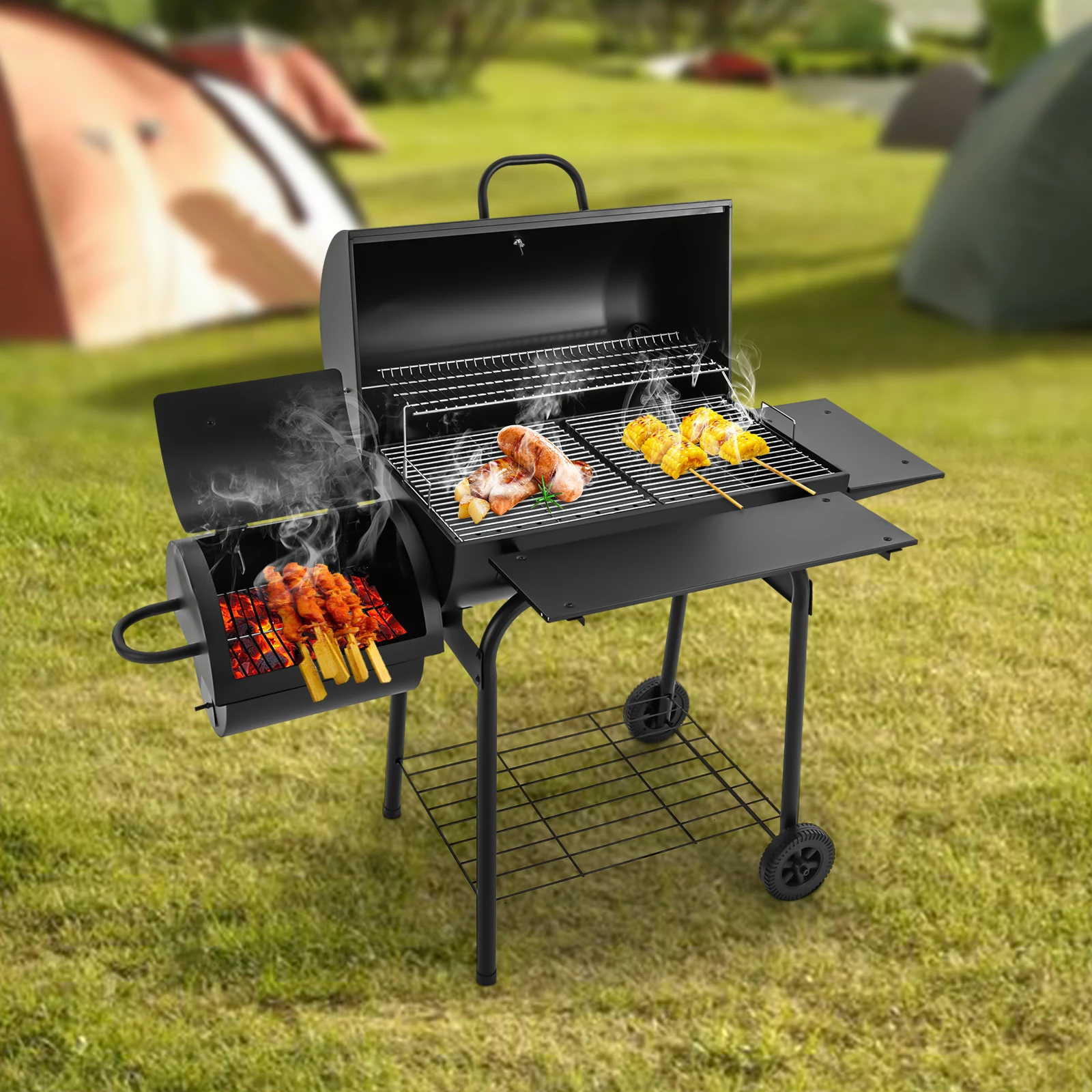 Outdoor-Holzkohlegrill 147x70x126 cm Schwarz mit eingebautem Thermometer, Thermogitter und Aschebehälter – Funktionale Eigenschaften für BBQ-Kochen