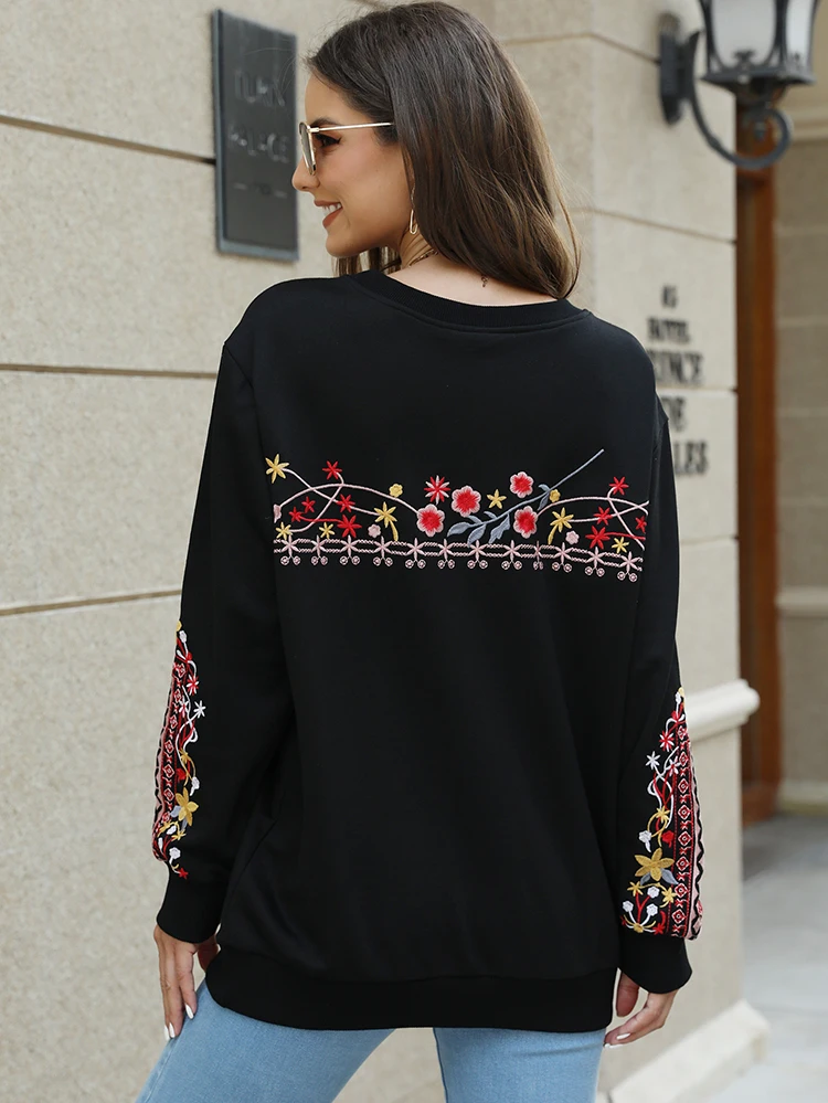 Khalee Yose Floral Embroidery Hoodie Pullover Sweatshirt Boho Cotton Black Autumn Harajuku Vintage Streetwear Female 23XXL Top