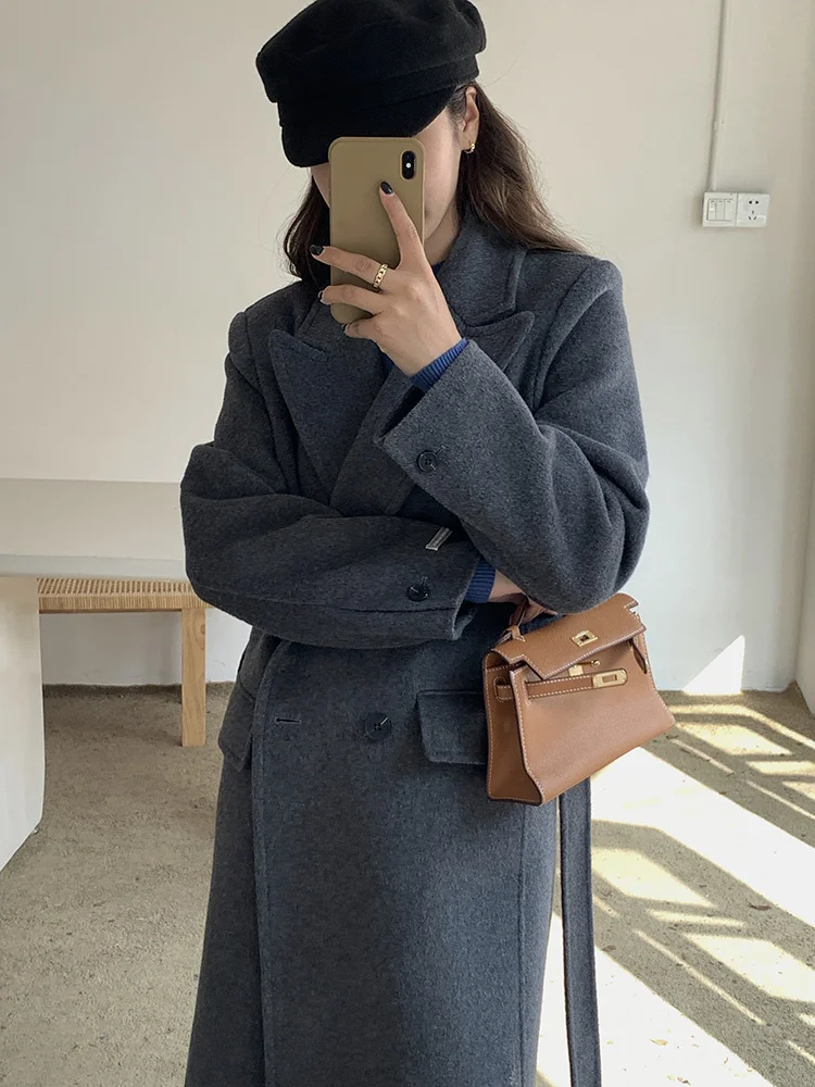 High end Korean East Gate Popular Grey Double sided Fleece Coat Women's Winter New Wool Coat