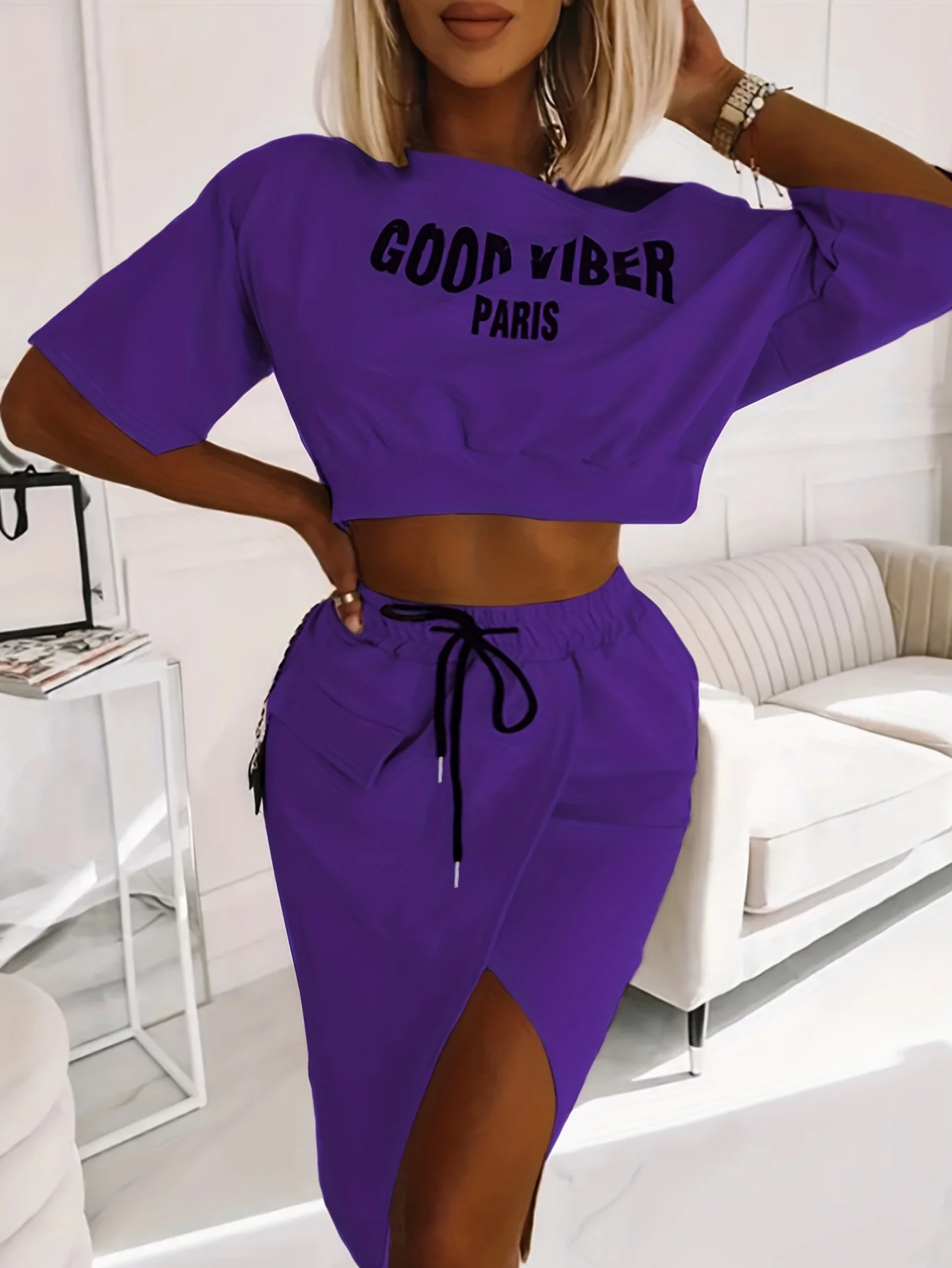 Lw Rock Sets ein Schulter Letter Print High Split Rock Set Damen bekleidung zweiteilige Sets Crop Top Midi Rock Sets Outfit