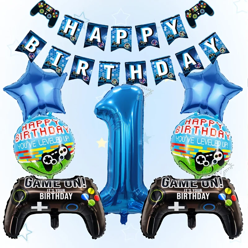 8-teiliges Gamepad-Ballon-Set mit Blauen Zahlenballons für Kindergeburtstage, Spielthemen-Partydekorationen und Zubehör