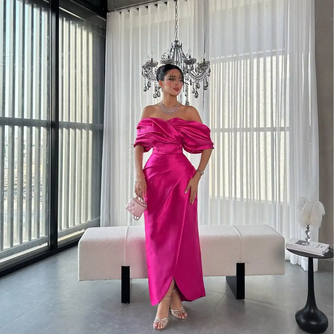 Abito da sera rosa caldo personalizzato con spalle scoperte 2025 Abito da cerimonia nuziale pieghettato Abiti formali per le donne Lunghezza caviglia di gala