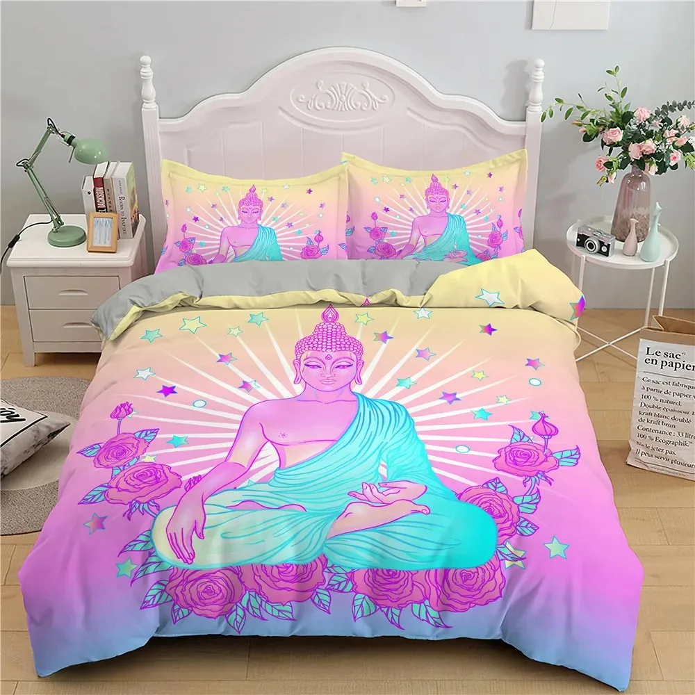 

Colorful Buddha Duvet Cover Set Colorful Buddha Statue Religion Twin Bedding Set Polyester Pink Rose Decor King Size Quilt Cover