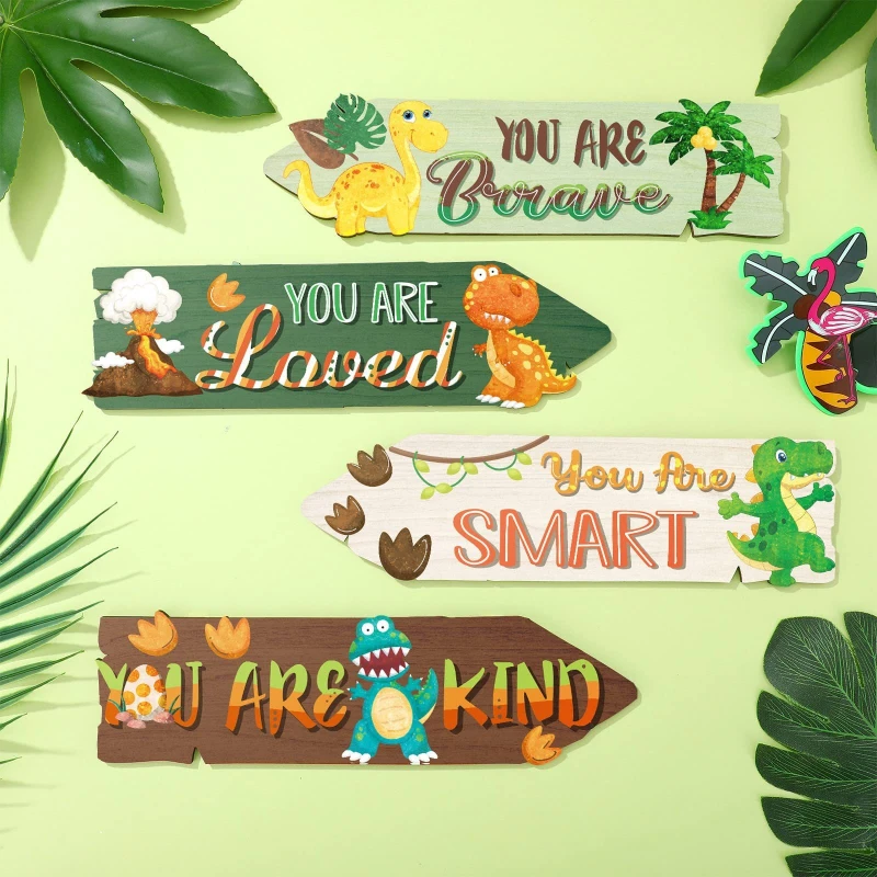 

4PCS wooden hanging board children's room dinosaur pattern encourages copywriting wooden board crafts decoration